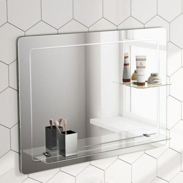 Nes Home Round Corner Mirror 800 x 600mm with Double Glass Shelf in Silver - image 1