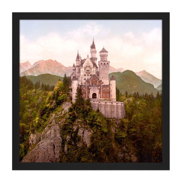 "Artery8 Wall Art Print Neuschwanstein Castle Bavaria Germany Landscape Photo Square Framed Picture 16X16 Inch in Black - Size: W16"" x H16""" - image 1