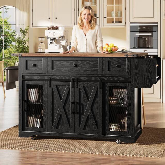 Merax Mobile Kitchen Island Trolley with Drop Leaf Worktop & Storage in Black - image 1