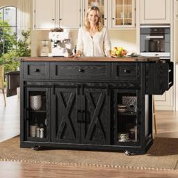 Merax Mobile Kitchen Island Trolley with Drop Leaf Worktop & Storage in Black - thumbnail 1