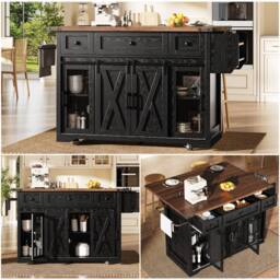 Merax Mobile Kitchen Island Trolley with Drop Leaf Worktop & Storage in Black - thumbnail 2