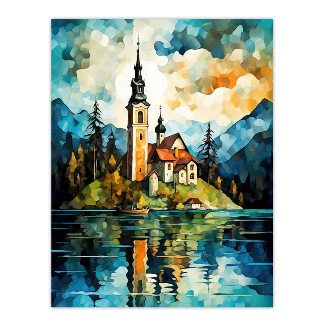 Artery8 Lake Bled Vibrant Artwork 17th Century Church On Slovenia Island Reflecting On Turquoise Water Extra Large XL Unframed Wall Art Poster Print - image 1
