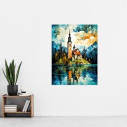Artery8 Lake Bled Vibrant Artwork 17th Century Church On Slovenia Island Reflecting On Turquoise Water Extra Large XL Unframed Wall Art Poster Print - thumbnail 4