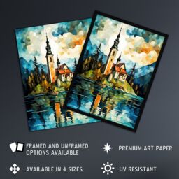 Artery8 Lake Bled Vibrant Artwork 17th Century Church On Slovenia Island Reflecting On Turquoise Water Extra Large XL Unframed Wall Art Poster Print - thumbnail 2