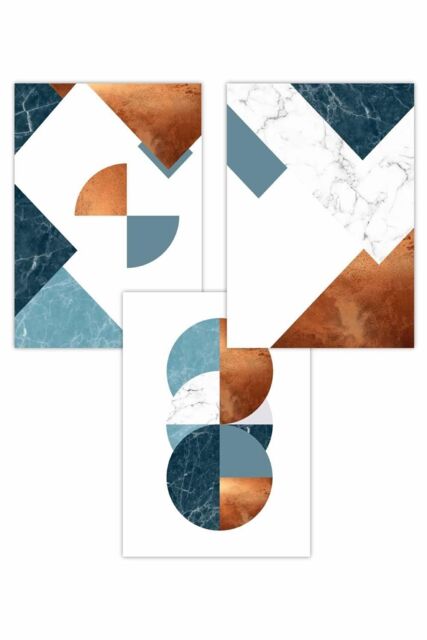 ARTZE Set of 3 Teal Orange Abstract Mid Century Geometric Art Posters - Size: W50 cm x H70 cm - image 1