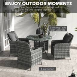 OUTSUNNY Luxury Rattan Garden Dining Set W/ Parasol, Cushions in Mid Grey - thumbnail 4