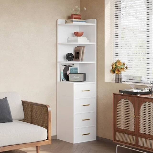 VOGREX White Corner Cabinet 4 Shelves 4 Drawers Gold Handles Display Unit - image 1