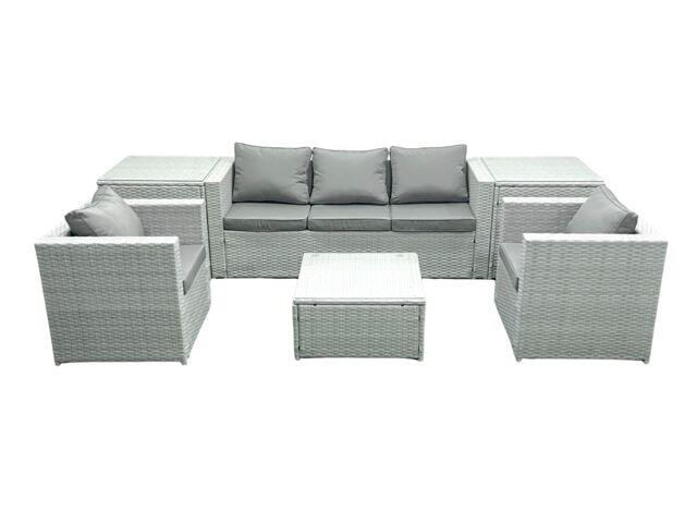 Fimous 5 Seater Rattan Garden Furniture Set with 3 Seater Sofa 2 Chair Square Coffee Table 2 Side Tables Light Grey Mixed - image 1
