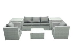 Fimous 5 Seater Rattan Garden Furniture Set with 3 Seater Sofa 2 Chair Square Coffee Table 2 Side Tables Light Grey Mixed - thumbnail 2