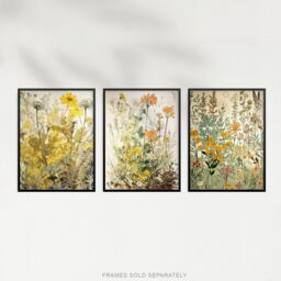 Artery8 Set of 3 Wildflowers Vintage Pastel Colour Floral Artworks Yellow Pink Teal Spring Flower Field Unframed Wall Art Living Room Poster Prints - thumbnail 5