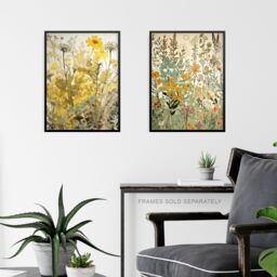 Artery8 Set of 3 Wildflowers Vintage Pastel Colour Floral Artworks Yellow Pink Teal Spring Flower Field Unframed Wall Art Living Room Poster Prints - thumbnail 6