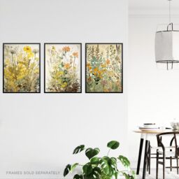 Artery8 Set of 3 Wildflowers Vintage Pastel Colour Floral Artworks Yellow Pink Teal Spring Flower Field Unframed Wall Art Living Room Poster Prints - thumbnail 3