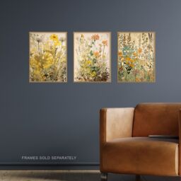 Artery8 Set of 3 Wildflowers Vintage Pastel Colour Floral Artworks Yellow Pink Teal Spring Flower Field Unframed Wall Art Living Room Poster Prints - thumbnail 2