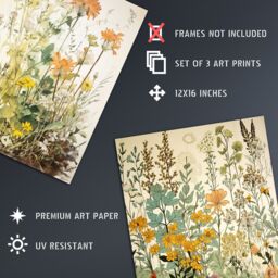 Artery8 Set of 3 Wildflowers Vintage Pastel Colour Floral Artworks Yellow Pink Teal Spring Flower Field Unframed Wall Art Living Room Poster Prints - thumbnail 4