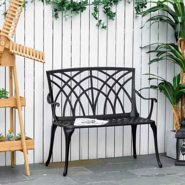 OUTSUNNY 2-Seater Cast Aluminium Garden Bench Decorative Patio Loveseat Ergonomic Armrest in Black - image 1
