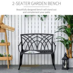 OUTSUNNY 2-Seater Cast Aluminium Garden Bench Decorative Patio Loveseat Ergonomic Armrest in Black - thumbnail 4