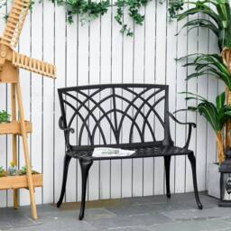 OUTSUNNY 2-Seater Cast Aluminium Garden Bench Decorative Patio Loveseat Ergonomic Armrest in Black - thumbnail 1