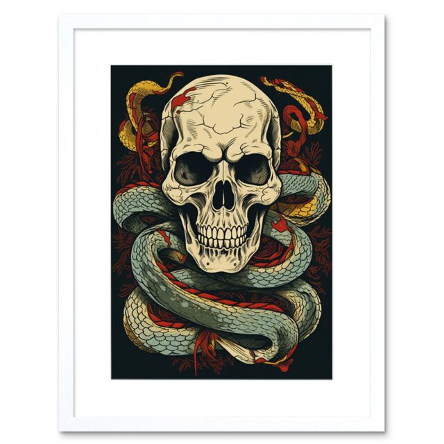 "Artery8 Wall Art Print Skull Snakes Old School USA Tattoo Ink Body Art Rockabilly Americana 50s Artwork Framed 9X7 Inch in White - Size: W7"" x H9""" - image 1