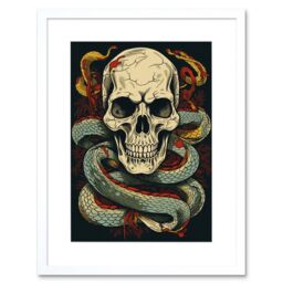 "Artery8 Wall Art Print Skull Snakes Old School USA Tattoo Ink Body Art Rockabilly Americana 50s Artwork Framed 9X7 Inch in White - Size: W7"" x H9""" - thumbnail 1