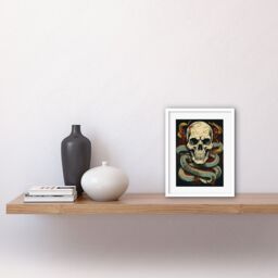 "Artery8 Wall Art Print Skull Snakes Old School USA Tattoo Ink Body Art Rockabilly Americana 50s Artwork Framed 9X7 Inch in White - Size: W7"" x H9""" - thumbnail 2