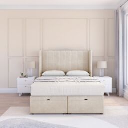 Sloomy Falcon Plush Fabric Ottoman Bed End Opening With Sprung Memory Mattress & 54 Inch Floorstanding Headboard With Wings - Size: Small Single - thumbnail 2