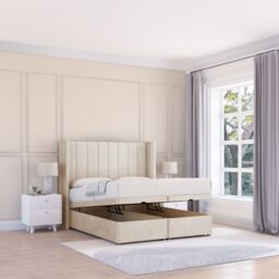 Sloomy Falcon Plush Fabric Ottoman Bed End Opening With Sprung Memory Mattress & 54 Inch Floorstanding Headboard With Wings - Size: Small Single