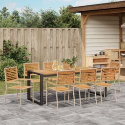 Berkfield Home 9 Piece Garden Dining Set Beige Poly Rattan Acacia - thumbnail 4