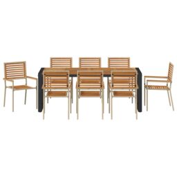 Berkfield Home 9 Piece Garden Dining Set Beige Poly Rattan Acacia - thumbnail 7