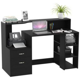HOMCOM Multi-Storage & Workstation Desk Table Storage Shelves Home Office in Black - thumbnail 2