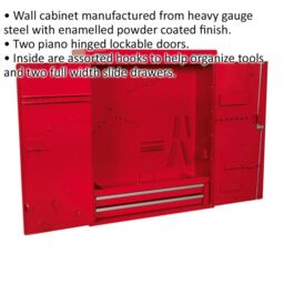 Loops 750 x 225 x 890 Wall Mounted 2 Drawer Tool Cabinet - RED - Lockable Storage Unit - thumbnail 2