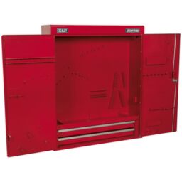 Loops 750 x 225 x 890 Wall Mounted 2 Drawer Tool Cabinet - RED - Lockable Storage Unit - thumbnail 1