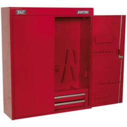 Loops 750 x 225 x 890 Wall Mounted 2 Drawer Tool Cabinet - RED - Lockable Storage Unit - thumbnail 4