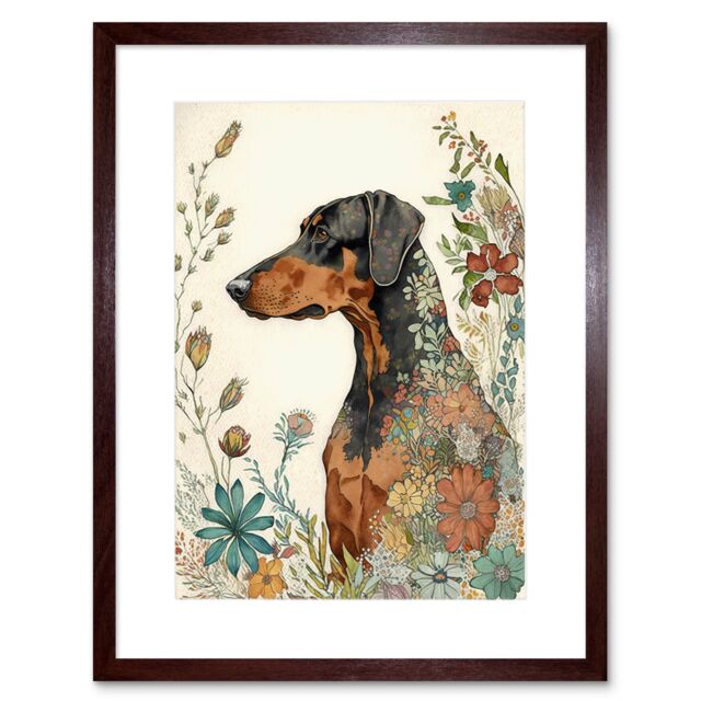 "Artery8 Wall Art Print Doberman Dog with Spring Flowers Colourful Watercolour Artwork Framed 9X7 Inch in Brown - Size: W7"" x H9""" - image 1