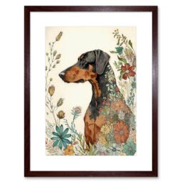 "Artery8 Wall Art Print Doberman Dog with Spring Flowers Colourful Watercolour Artwork Framed 9X7 Inch in Brown - Size: W7"" x H9""" - thumbnail 1