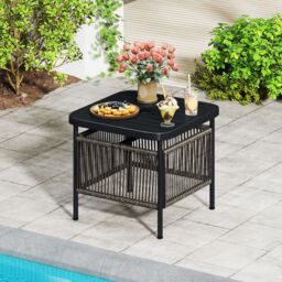 Gymax Outdoor PE Rattan Side Table With 5CM Umbrella Hole Square End Table in Dark Grey - thumbnail 8