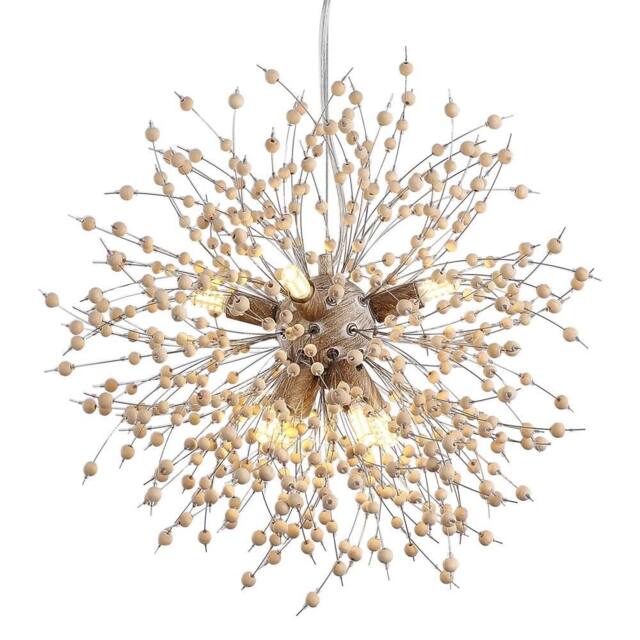 NIVOR 8-Lights Wooden Beads Dandelion Chandelier Firework Hanging Pendant in Natural - image 1
