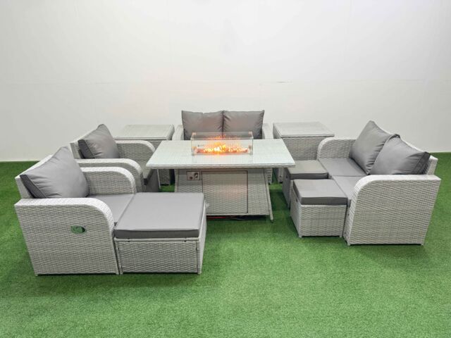 Fimous 9 Seater Outdoor Reclining Chair Love Sofa Set Rattan Garden Furniture Set with Firepit Dining Table 3 Stools 2 Side Table Light Grey - image 1