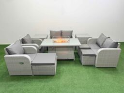Fimous 9 Seater Outdoor Reclining Chair Love Sofa Set Rattan Garden Furniture Set with Firepit Dining Table 3 Stools 2 Side Table Light Grey - thumbnail 2