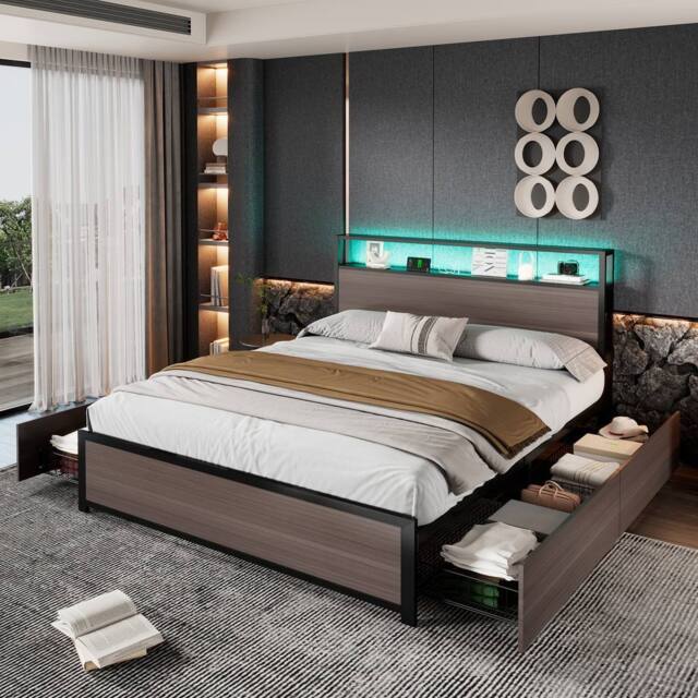 BTM Grey Iron Bed with LED, 4 Drawers & USB-C Charging - Size: Single - image 1