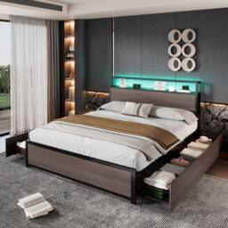 BTM Grey Iron Bed with LED, 4 Drawers & USB-C Charging - Size: Single - thumbnail 1