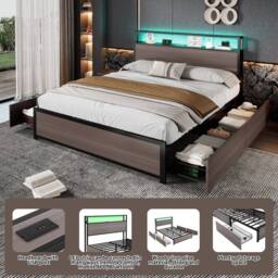BTM Grey Iron Bed with LED, 4 Drawers & USB-C Charging - Size: Single - thumbnail 4