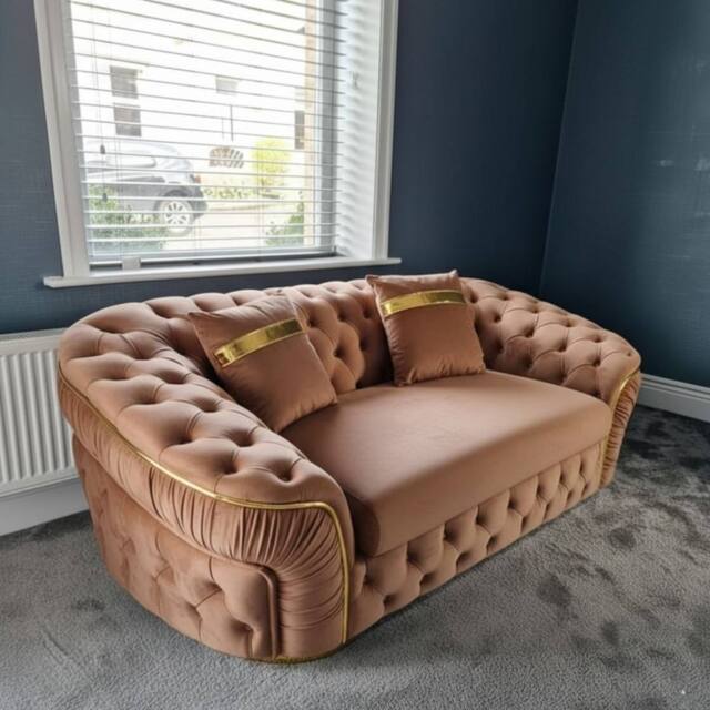 Stratus Interiors Ambassador Sofa Chesterfield Toronto Gold Trim Plush Velvet No Frills in Medium Beige - Size: 2 Seater - image 1