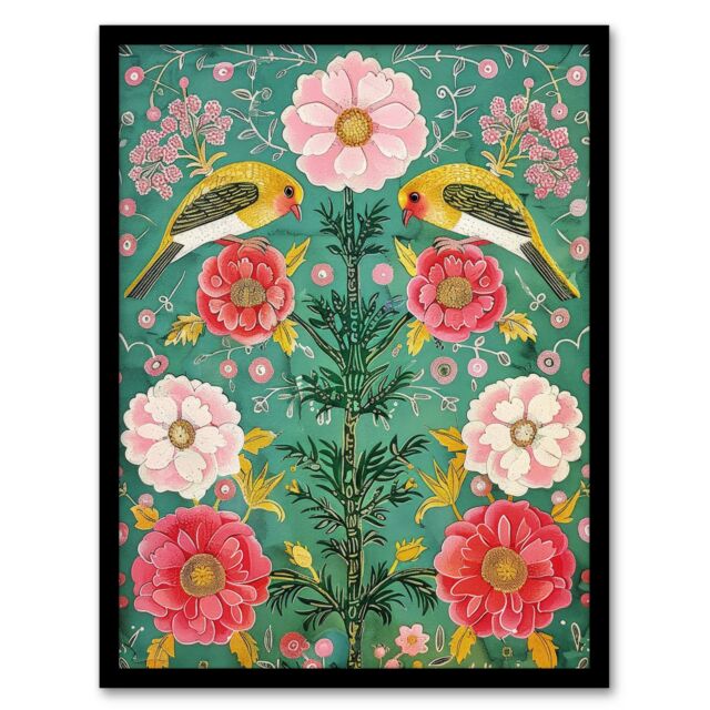 "Artery8 Wall Art Print Birds on Flower Vintage Green Pink Floral Pattern Art Framed Poster in Black - Size: W12"" x H16""" - image 1