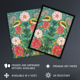 "Artery8 Wall Art Print Birds on Flower Vintage Green Pink Floral Pattern Art Framed Poster in Black - Size: W12"" x H16""" - thumbnail 2