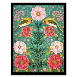 "Artery8 Wall Art Print Birds on Flower Vintage Green Pink Floral Pattern Art Framed Poster in Black - Size: W12"" x H16""" - thumbnail 1
