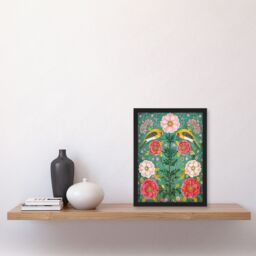 "Artery8 Wall Art Print Birds on Flower Vintage Green Pink Floral Pattern Art Framed Poster in Black - Size: W12"" x H16""" - thumbnail 4
