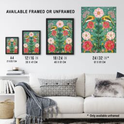 "Artery8 Wall Art Print Birds on Flower Vintage Green Pink Floral Pattern Art Framed Poster in Black - Size: W12"" x H16""" - thumbnail 3