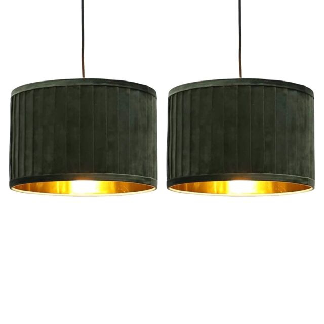 First Choice Lighting Set of 2 Sundance - Dark Green with Gold Pleated 30cm Lamp Shades - image 1