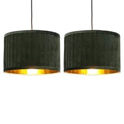 First Choice Lighting Set of 2 Sundance - Dark Green with Gold Pleated 30cm Lamp Shades - thumbnail 1