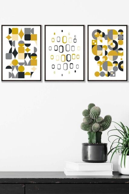 ARTZE Mid Century Graphical Grey Yellow Framed Wall Art - Medium in Black - Size: W45 cm x H62 cm x D20mm - image 1